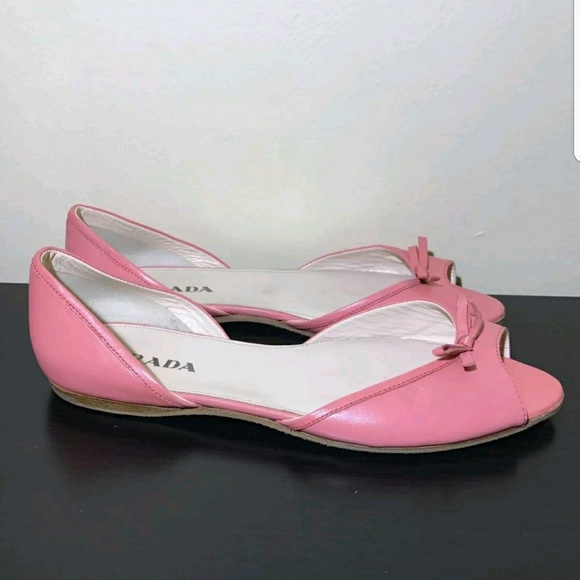 PRADA Pink Leather Open Peep Toe Bows Ballet Flats - Picture 4 of 4